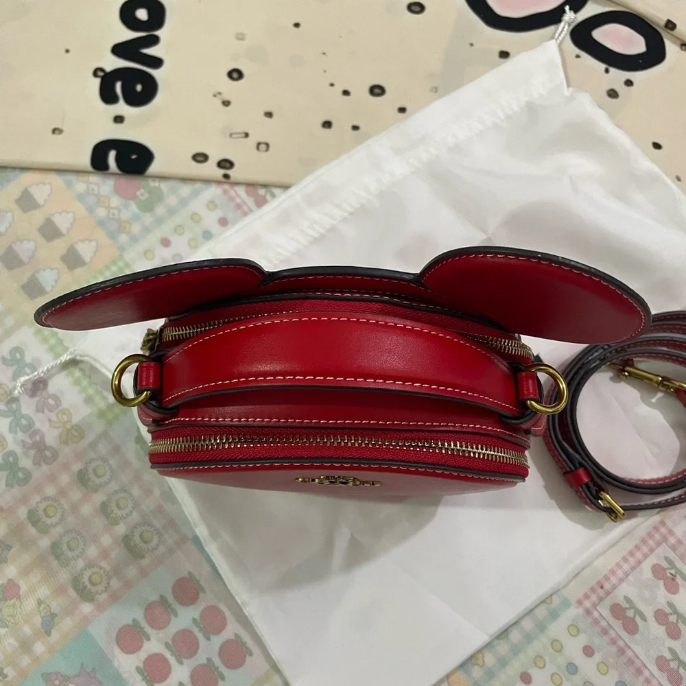 COACH Red Round Ear Crossbody Bag with Gold Logo